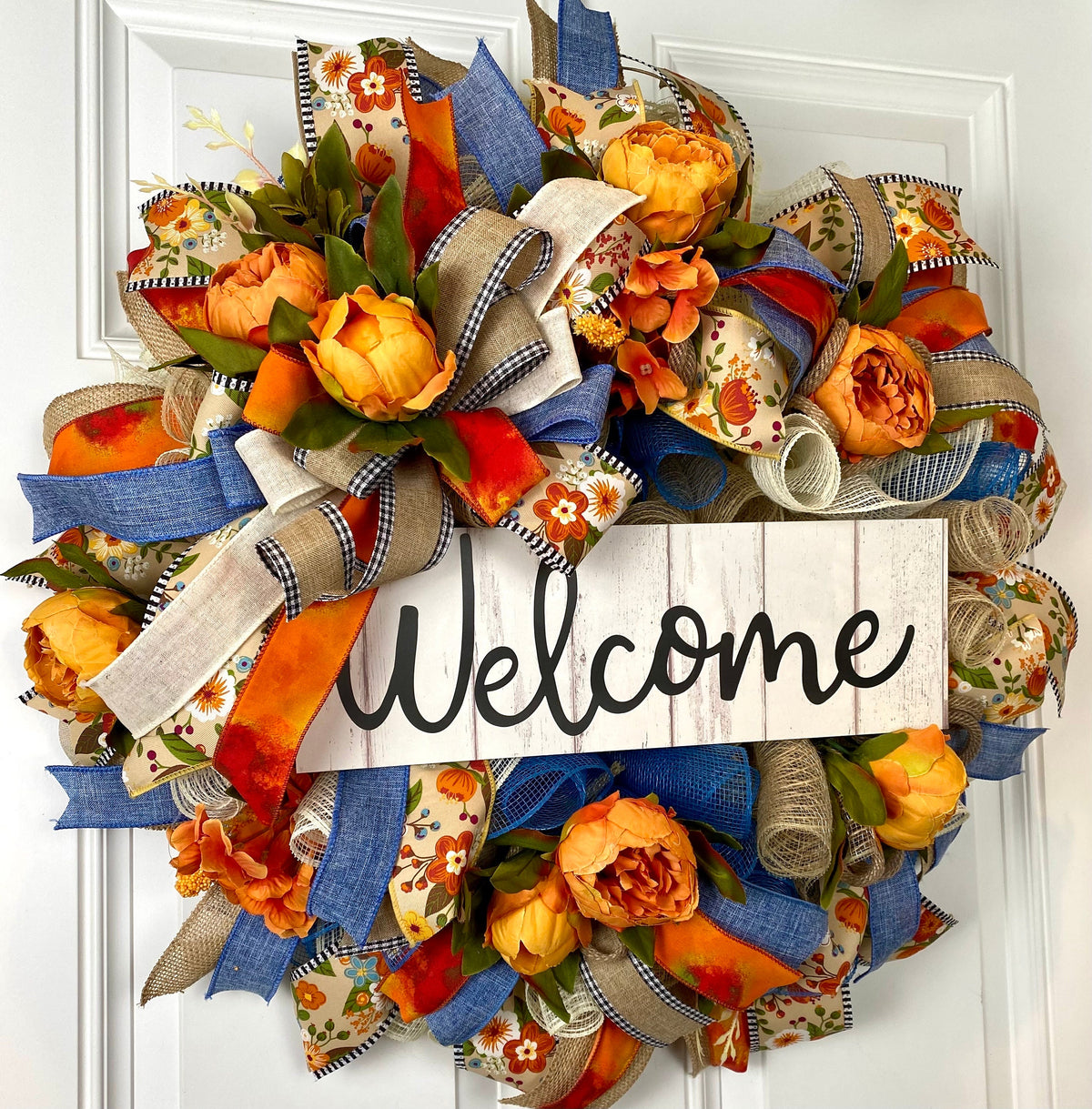 Everyday Wreath, Farmhouse Decor, Peony, Denim, Burlap, Front Door, Farmhouse All Season Wreath, Spring Wreath, Summer Deco Mesh