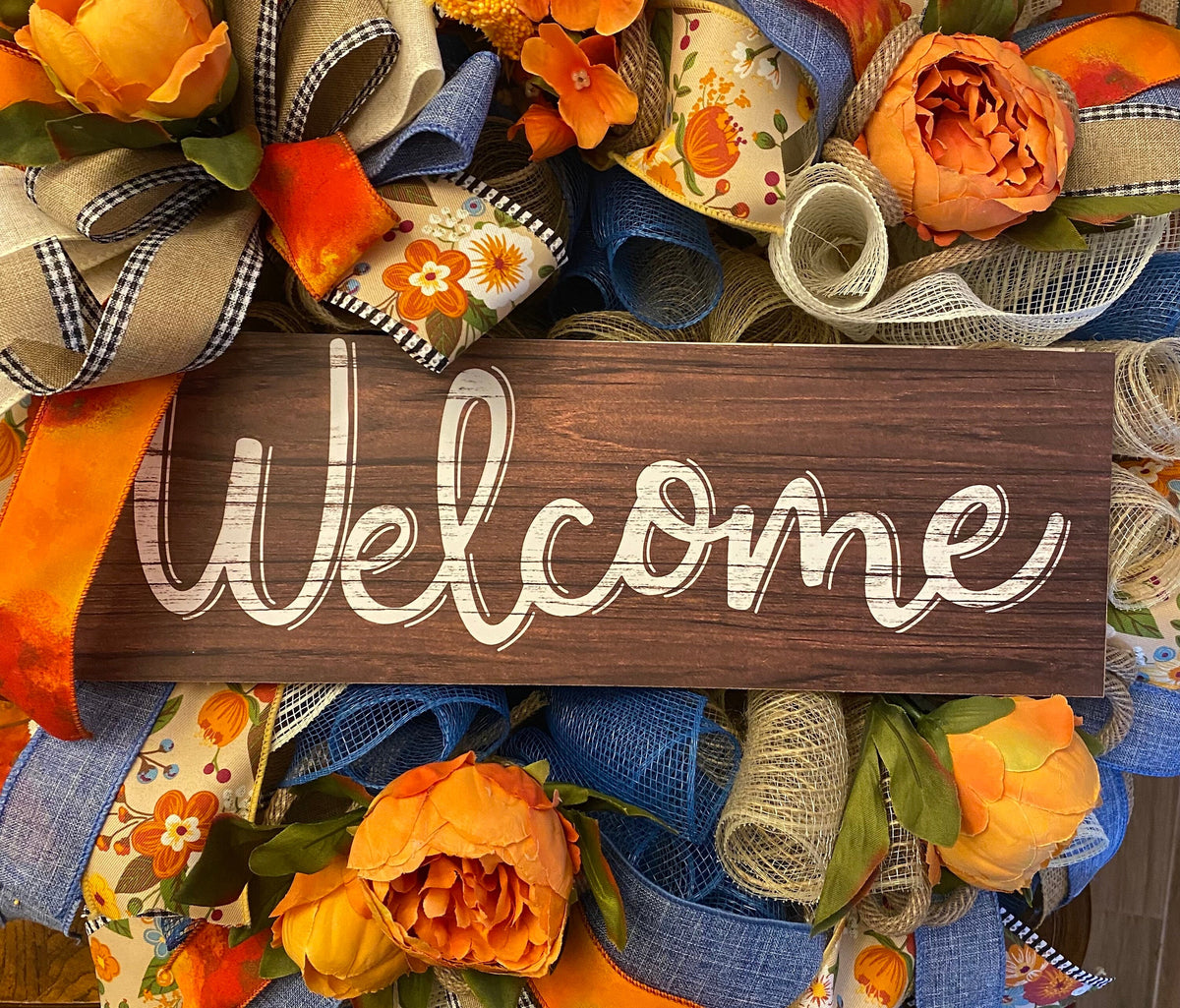 Orange and Denim Everyday Peony Wreath