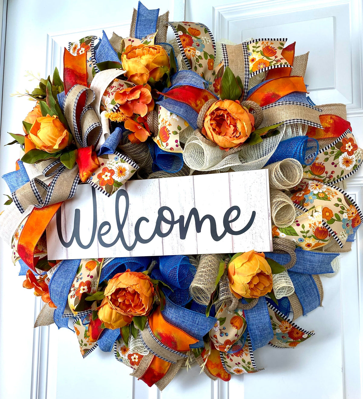 Everyday Wreath, Farmhouse Decor, Peony, Denim, Burlap, Front Door, Farmhouse All Season Wreath, Spring Wreath, Summer Deco Mesh