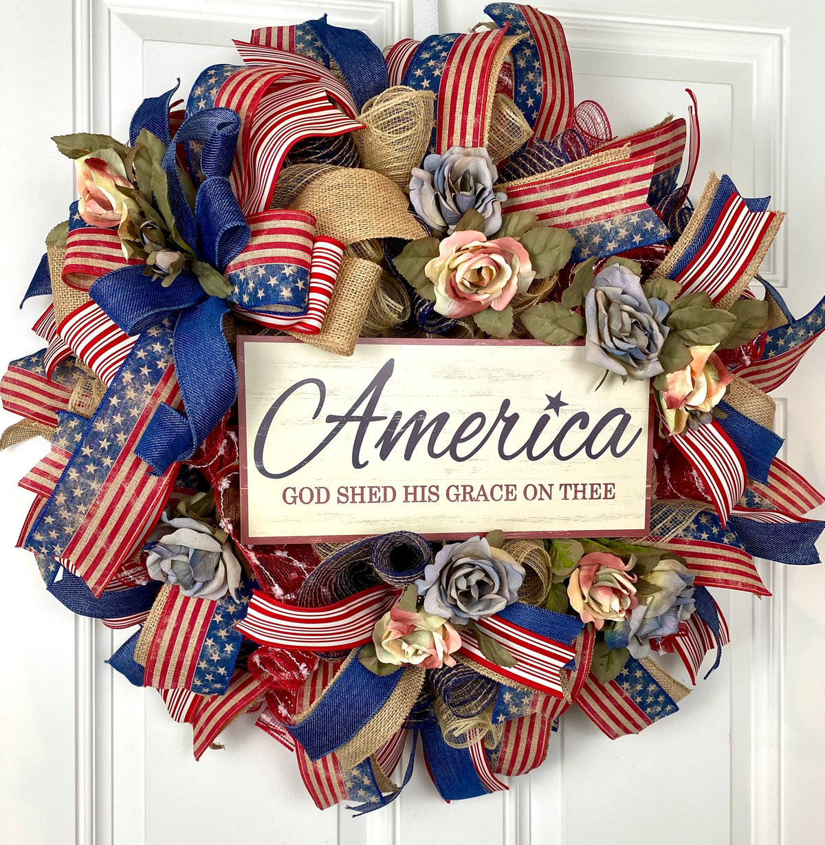 Rustic Patriotic Wreath: Farmhouse Flag Decor with Peonies