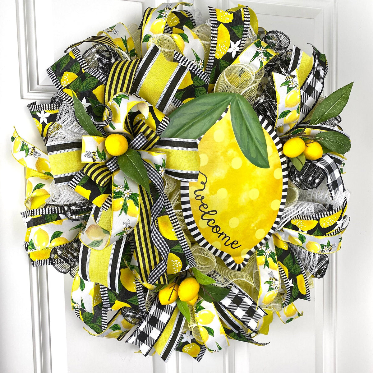 Lemon Bee Summer Wreath: Yellow & Black Farmhouse Door Decor