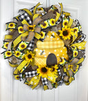 Sunflower Bee Everyday Wreath Front Door, Farmhouse Wreath for Every Season, Spring Wreath, Summer Deco Mesh
