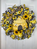 Sunflower Bee Everyday Wreath Front Door, Farmhouse Wreath for Every Season, Spring Wreath, Summer Deco Mesh