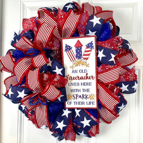 Firecracker Patriotic Wreath: Red, White, and Blue Decor
