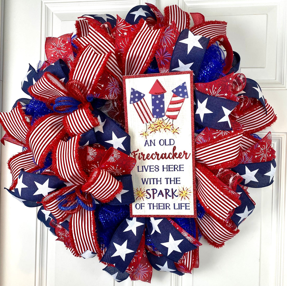 Firecracker Patriotic Wreath: Red, White, and Blue Decor