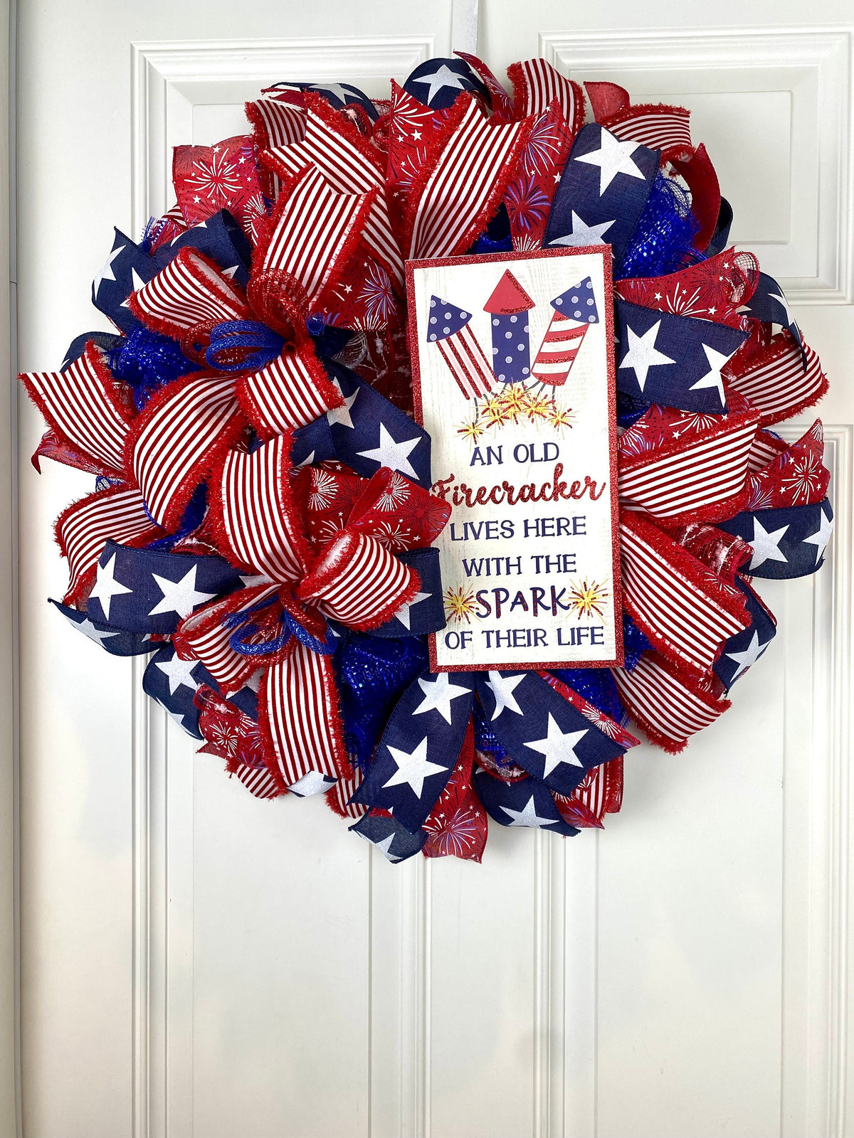 Firecracker Patriotic Wreath: Red, White, and Blue Decor