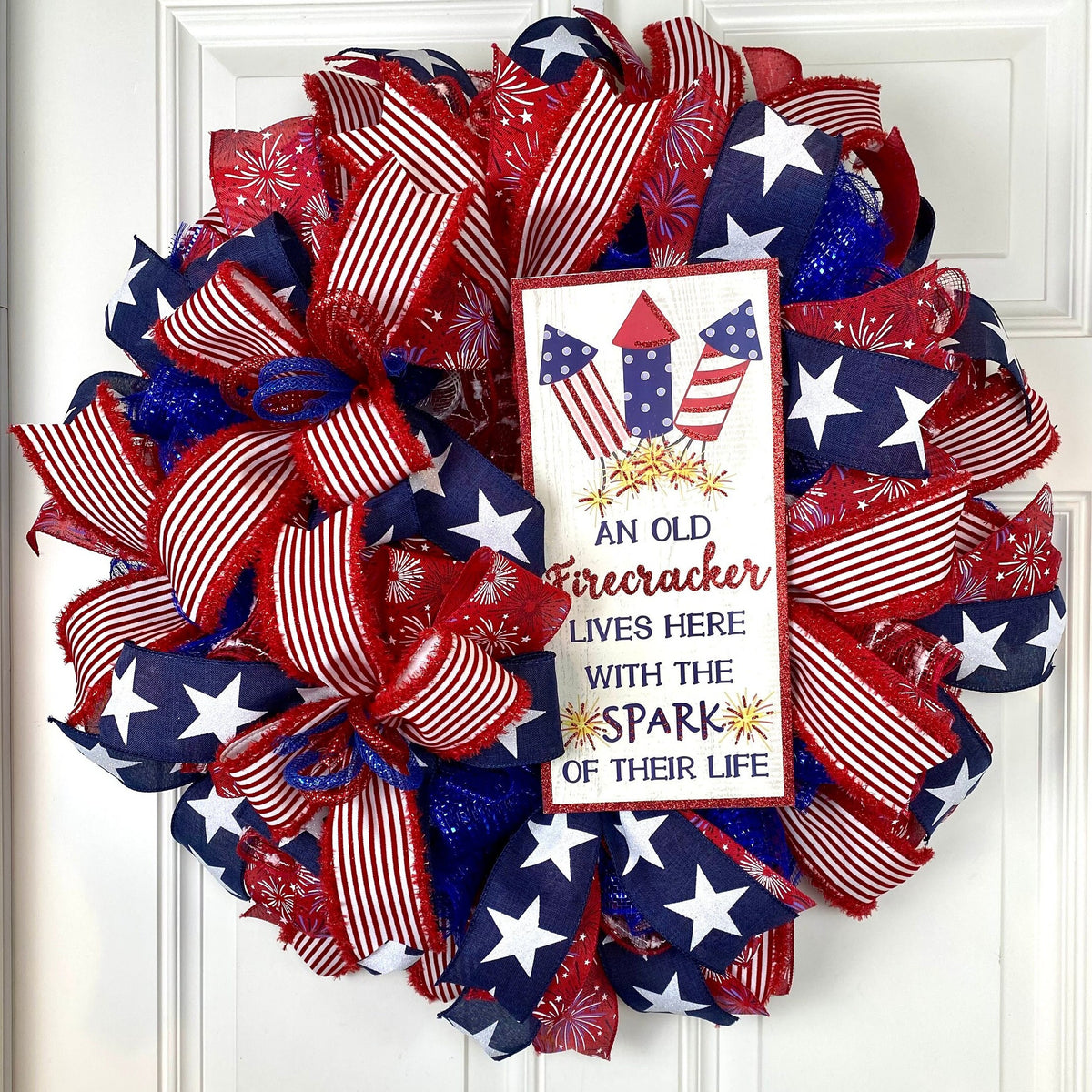 Summer Patriotic Firecracker Wreath, Fourth of July Wreath, Firecracker Wreath, Red White and Blue Wreath, summer wreath, Independence Day