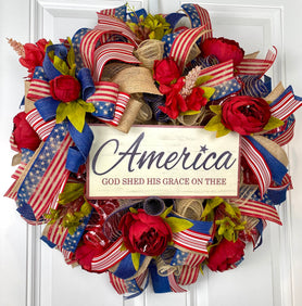 Rustic Patriotic Wreath: Farmhouse Flag Decor with Peonies