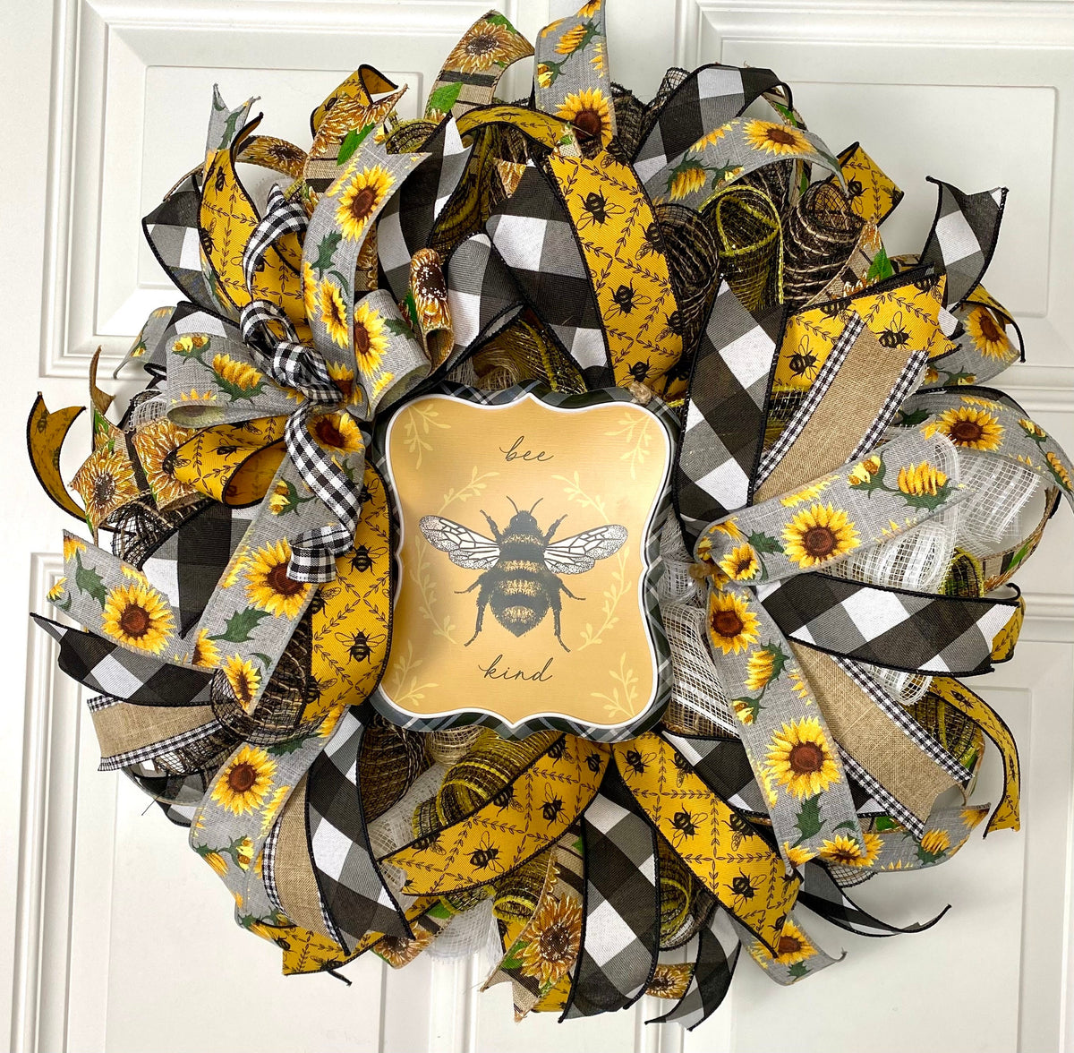 Bee Sunflower Wreath, Farmhouse Wreath for Every Season, Summer Deco Mesh