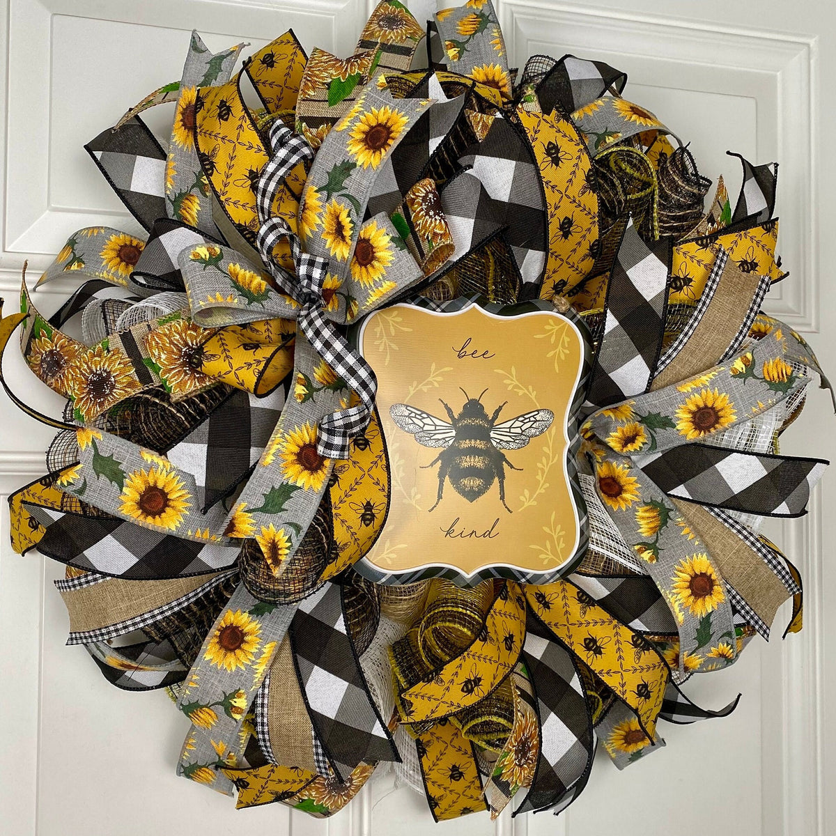 Bee Sunflower Wreath, Farmhouse Wreath for Every Season, Summer Deco Mesh