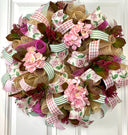 Farmhouse Hydrangea Wreath: Burlap Deco Mesh, Pink Accents