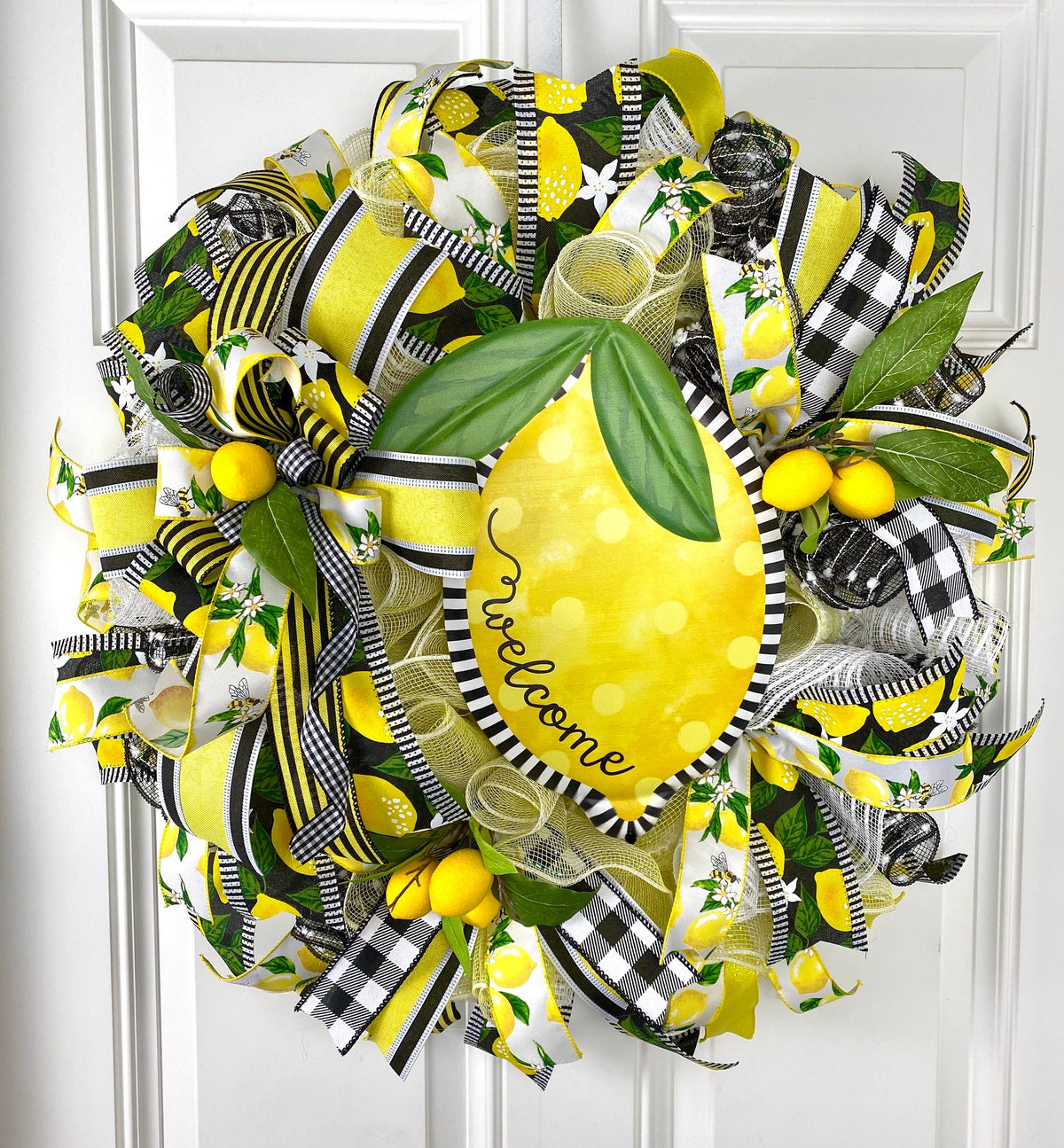 Lemon Bee Summer Wreath: Yellow & Black Farmhouse Door Decor