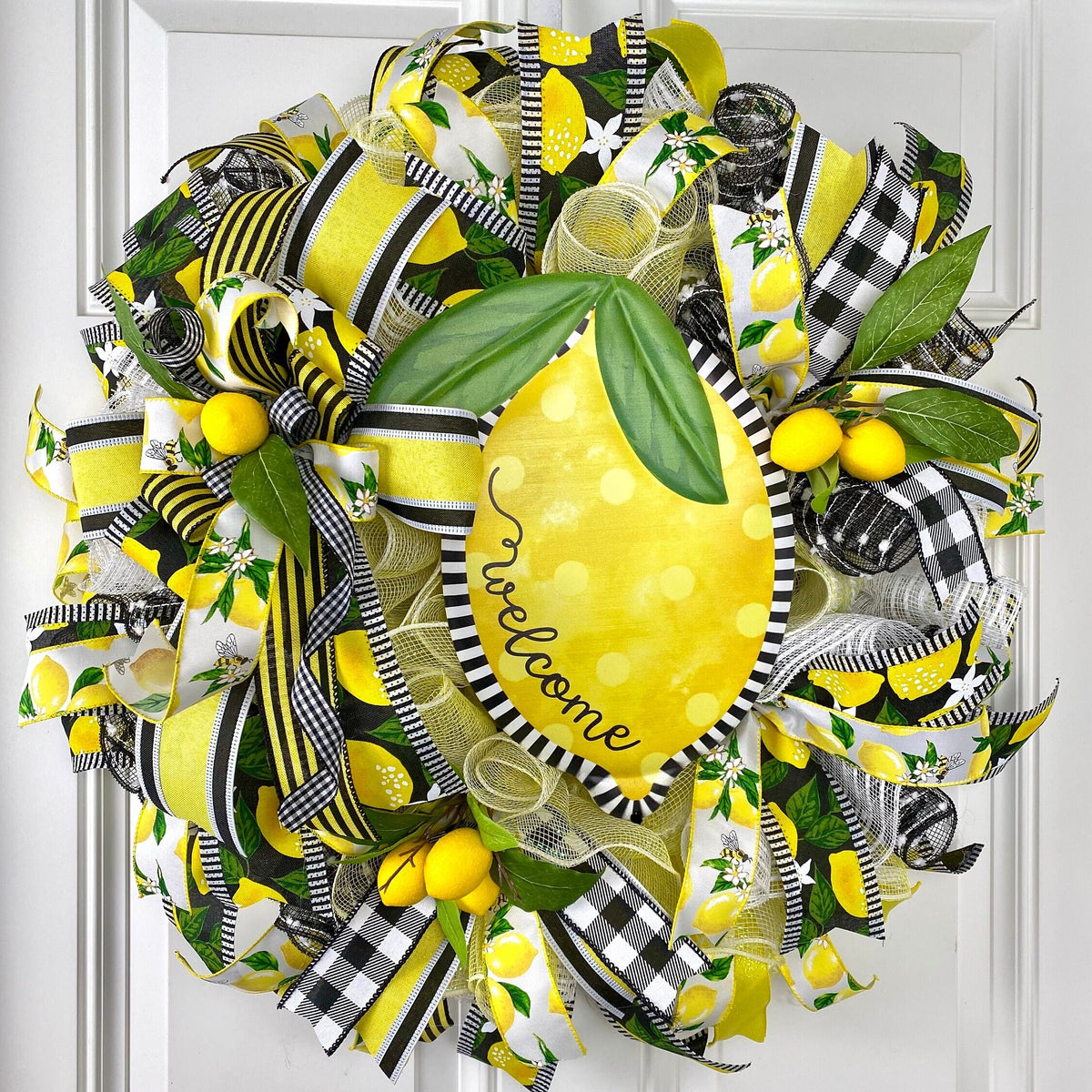 Lemon Bee Summer Wreath: Yellow & Black Farmhouse Door Decor