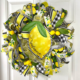 Lemon Bee Summer Wreath: Yellow & Black Farmhouse Door Decor