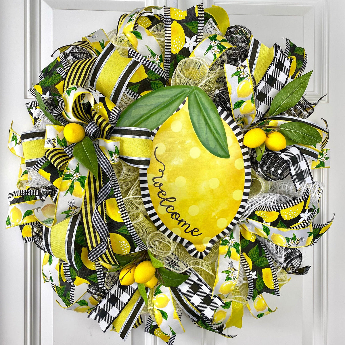 Lemon Bee Summer Wreath: Yellow & Black Farmhouse Door Decor