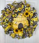 Sunflower Bee Everyday Wreath Front Door, Farmhouse Wreath for Every Season, Spring Wreath, Summer Deco Mesh