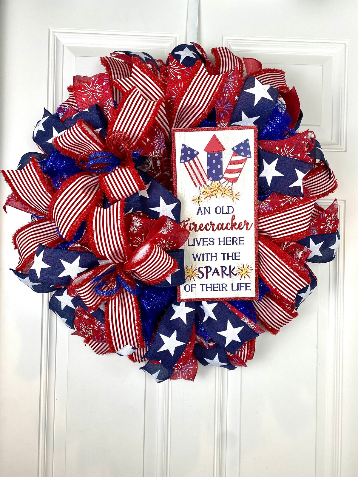 Firecracker Patriotic Wreath: Red, White, and Blue Decor