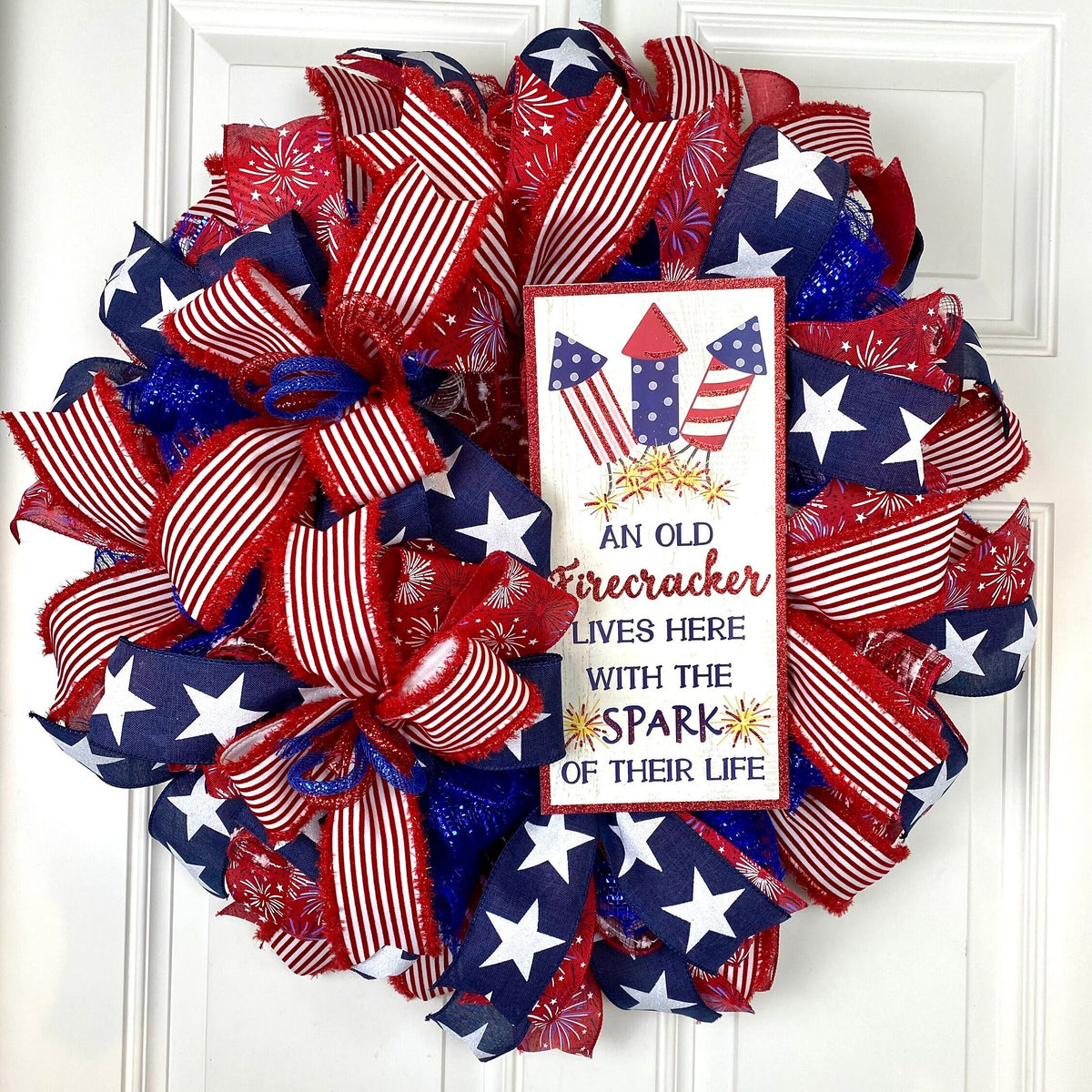 Summer Patriotic Firecracker Wreath, Fourth of July Wreath, Firecracker Wreath, Red White and Blue Wreath, summer wreath, Independence Day