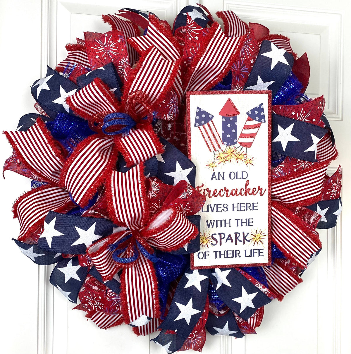 Summer Patriotic Firecracker Wreath, Fourth of July Wreath, Firecracker Wreath, Red White and Blue Wreath, summer wreath, Independence Day