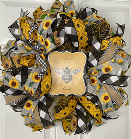 Bee Sunflower Wreath, Farmhouse Wreath for Every Season, Summer Deco Mesh