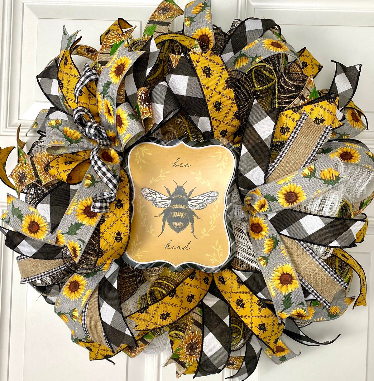 Bee Sunflower Wreath, Farmhouse Wreath for Every Season, Summer Deco Mesh
