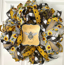 Bee Sunflower Wreath, Farmhouse Wreath for Every Season, Summer Deco Mesh