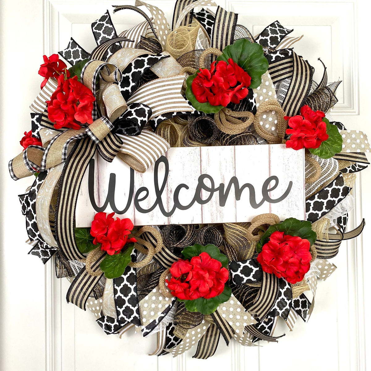 Marco's Summer Wreath, Geranium Everyday, Farmhouse Geranium Front Door, Geranium Farmhouse All Season Wreath, Summer Deco Mesh, Double Doors