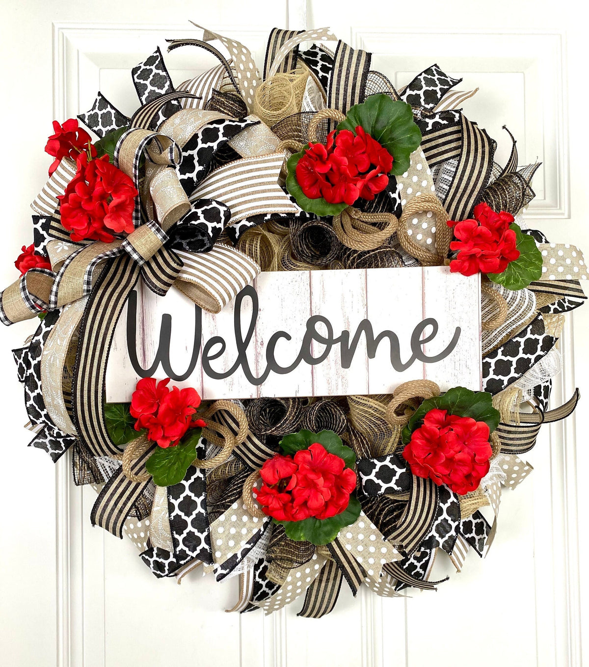 Marco's Summer Wreath, Geranium Everyday, Farmhouse Geranium Front Door, Geranium Farmhouse All Season Wreath, Summer Deco Mesh, Double Doors