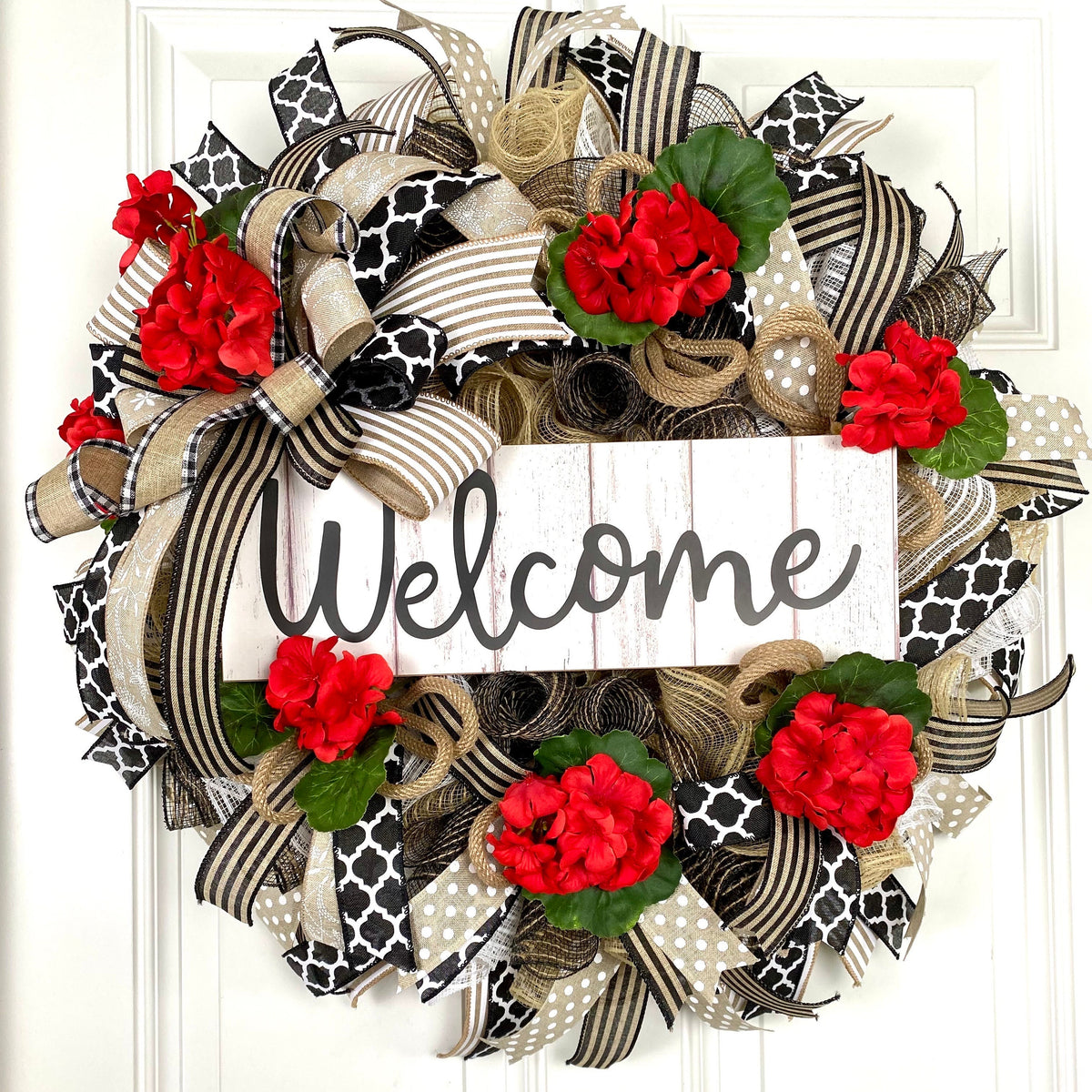 Marco's Summer Wreath, Geranium Everyday, Farmhouse Geranium Front Door, Geranium Farmhouse All Season Wreath, Summer Deco Mesh, Double Doors