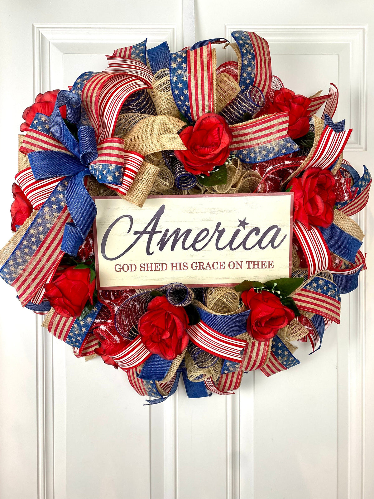 Patriotic Wreath, Rustic Country Flag Wreath, Fourth of July Wreath, Deluxe Flag Wreath, Red, Burlap and Blue Wreath, summer wreath