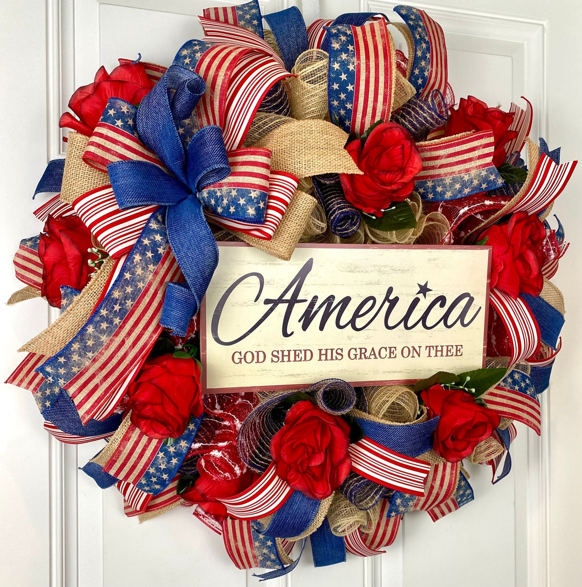 Patriotic Wreath, Rustic Country Flag Wreath, Fourth of July Wreath, Deluxe Flag Wreath, Red, Burlap and Blue Wreath, summer wreath