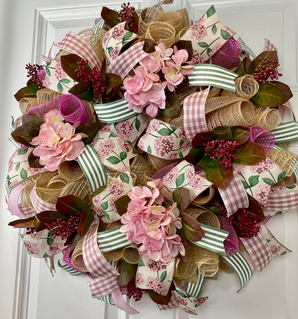 Farmhouse Hydrangea Wreath: Burlap Deco Mesh, Pink Accents