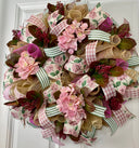 Farmhouse Hydrangea Wreath: Burlap Deco Mesh, Pink Accents