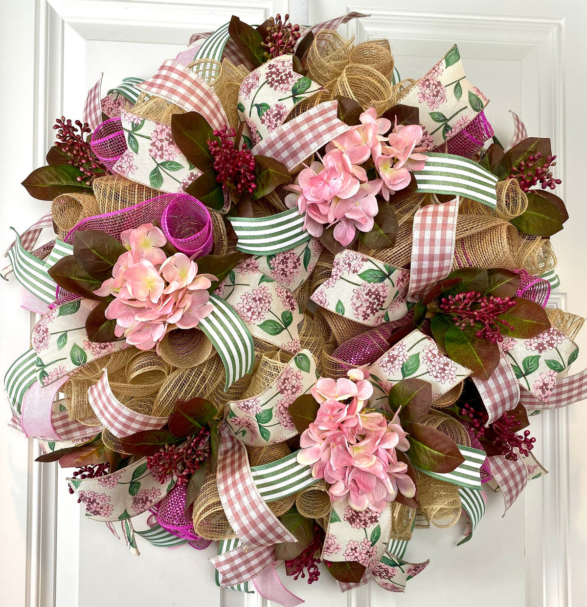 Farmhouse Hydrangea Wreath: Burlap Deco Mesh, Pink Accents