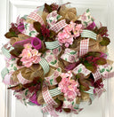 Farmhouse Hydrangea Wreath: Burlap Deco Mesh, Pink Accents
