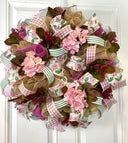 Farmhouse Hydrangea Wreath: Burlap Deco Mesh, Pink Accents