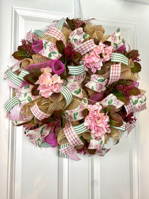 Farmhouse Hydrangea Wreath: Burlap Deco Mesh, Pink Accents