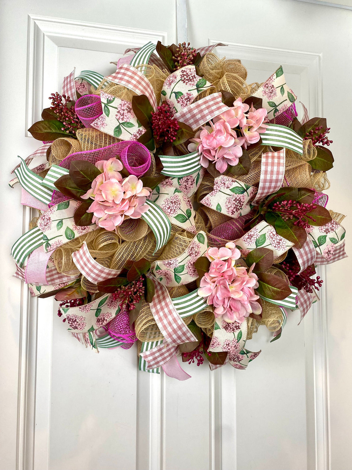 Farmhouse Hydrangea Wreath: Burlap Deco Mesh, Pink Accents