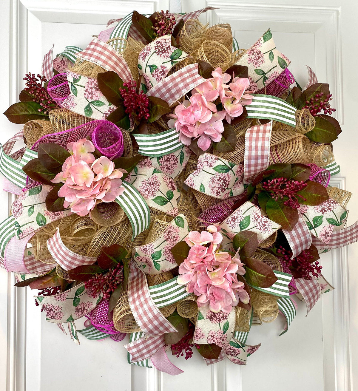 Farmhouse Hydrangea Wreath: Burlap Deco Mesh, Pink Accents