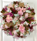 Farmhouse Hydrangea Wreath: Burlap Deco Mesh, Pink Accents