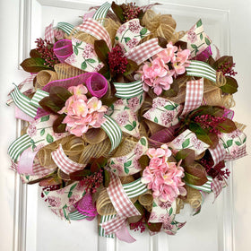 Farmhouse Hydrangea Wreath: Burlap Deco Mesh, Pink Accents