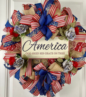 Summer Wreath, Rustic Patriotic Wreath, Fourth of July Wreath, Deluxe Flag Wreath, Red Cream and Blue Wreath, farmhouse decor