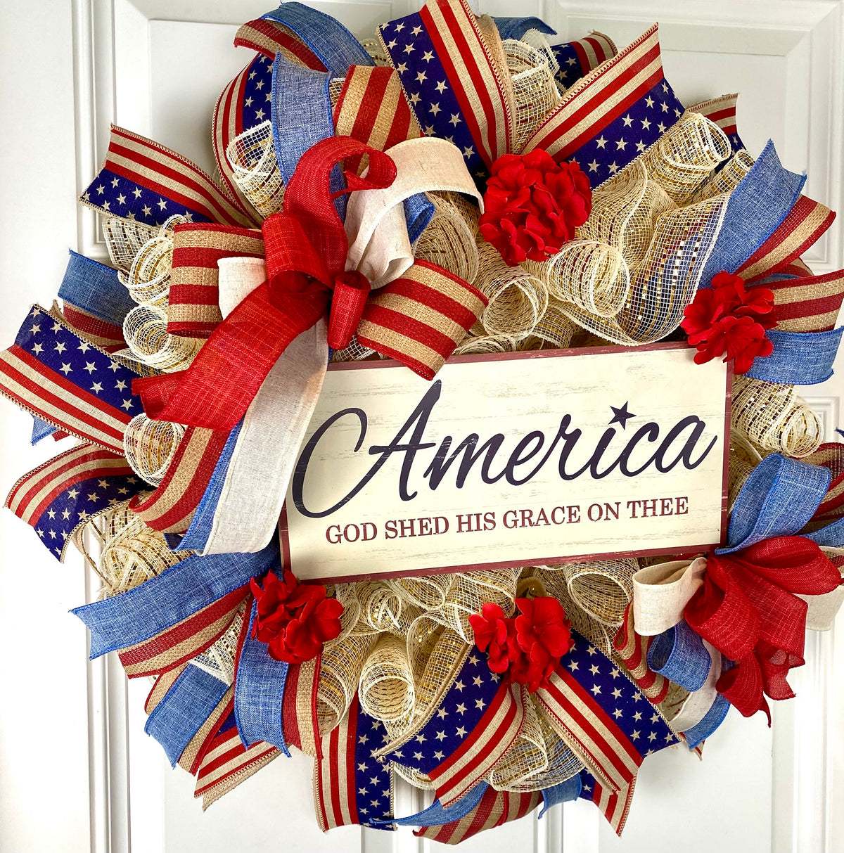Patriotic Wreath, Rustic Country Flag Wreath, Fourth of July Wreath, Deluxe Flag Wreath, Red Cream and Blue Wreath, summer wreath