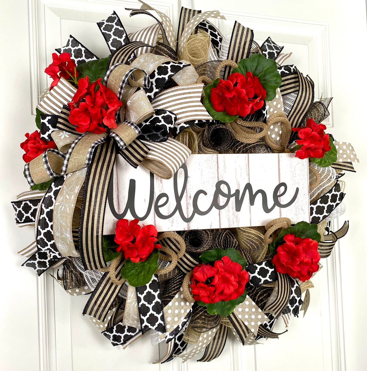 Marco's Summer Wreath, Geranium Everyday, Farmhouse Geranium Front Door, Geranium Farmhouse All Season Wreath, Summer Deco Mesh, Double Doors