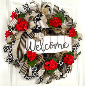 Marco's Summer Wreath, Geranium Everyday, Farmhouse Geranium Front Door, Geranium Farmhouse All Season Wreath, Summer Deco Mesh, Double Doors