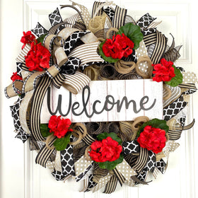 Summer Wreath, Geranium Everyday, Farmhouse Geranium Front Door, Geranium Farmhouse All Season Wreath, Summer Deco Mesh, Double Doors