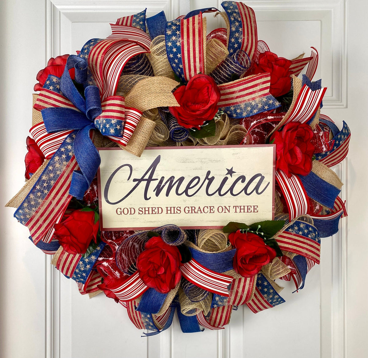Patriotic Wreath, Rustic Country Flag Wreath, Fourth of July Wreath, Deluxe Flag Wreath, Red, Burlap and Blue Wreath, summer wreath