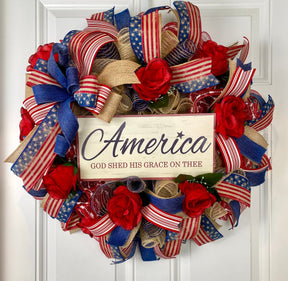 Patriotic Wreath, Rustic Country Flag Wreath, Fourth of July Wreath, Deluxe Flag Wreath, Red, Burlap and Blue Wreath, summer wreath