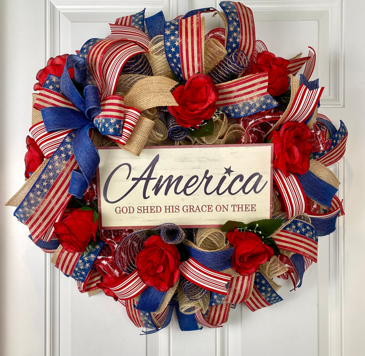Patriotic Wreath, Rustic Country Flag Wreath, Fourth of July Wreath, Deluxe Flag Wreath, Red, Burlap and Blue Wreath, summer wreath