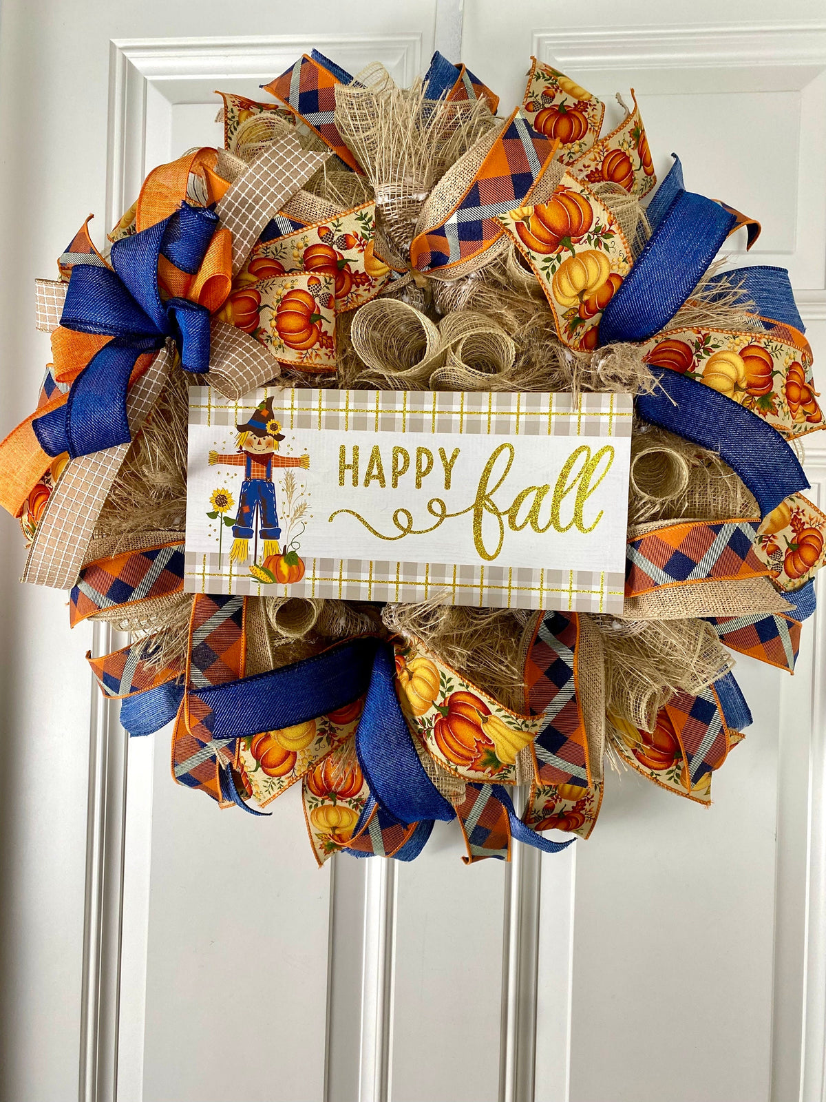 Sunflower Scarecrow Fall Wreath: Burlap & Denim Farmhouse Decor
